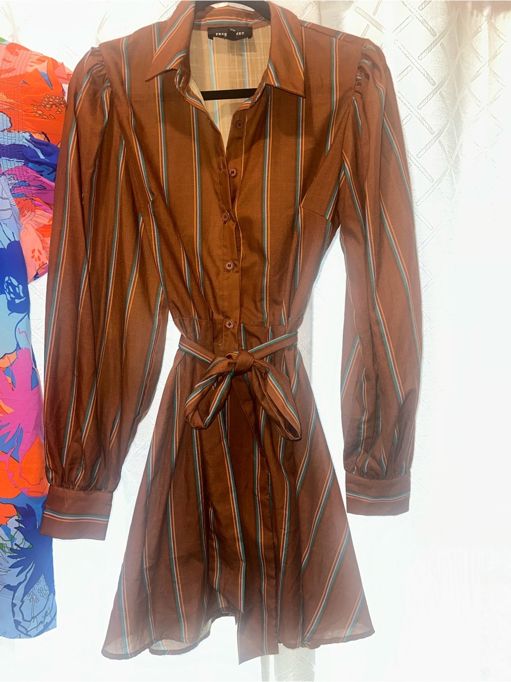 Freemarket Striped Brown Tie-Waist Shirt Dress
